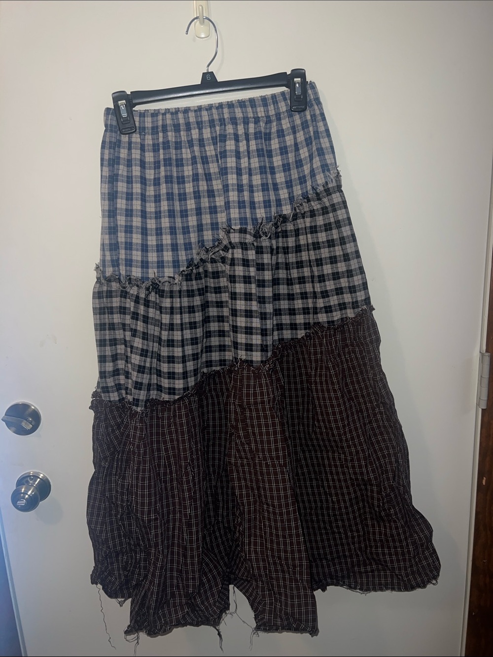 Tiered Plaid Maxi Skirt in Blue, Gray & Brown